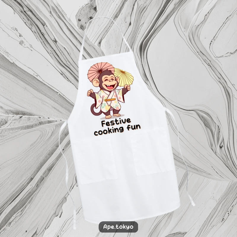 Funny jolly ape in festive kimono twirling parasol joyfully, kitchen apron, festive cooking.