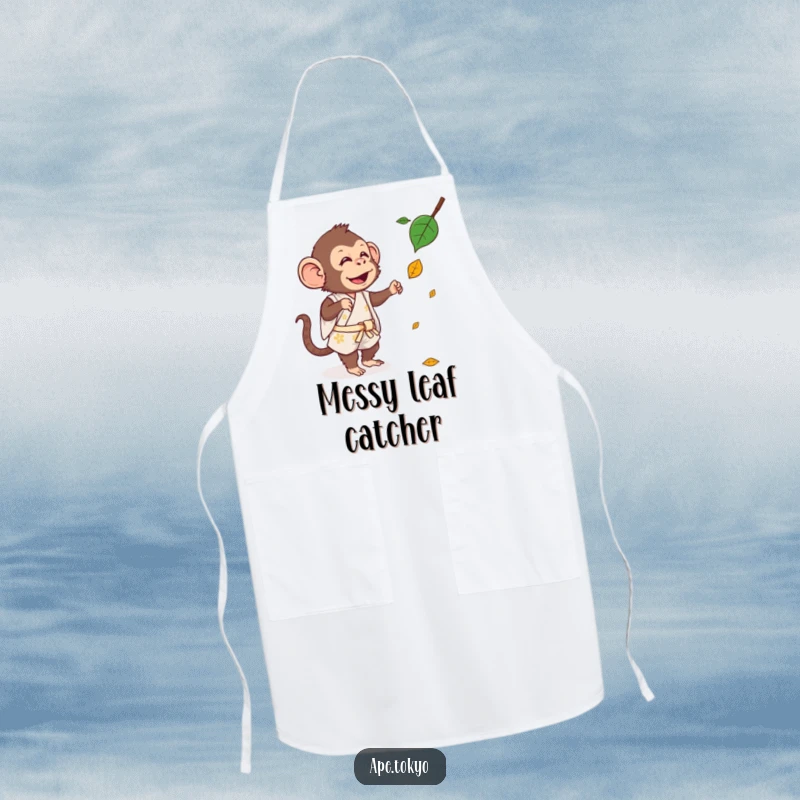 Funny Apron: A silly ape in a short kimono energetically tries to catch a falling leaf while cooking.