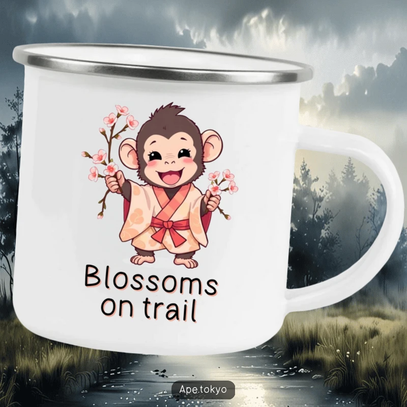 Funny ape in patterned kimono excitedly holding a cherry blossom branch, camping mug, outdoor joy.