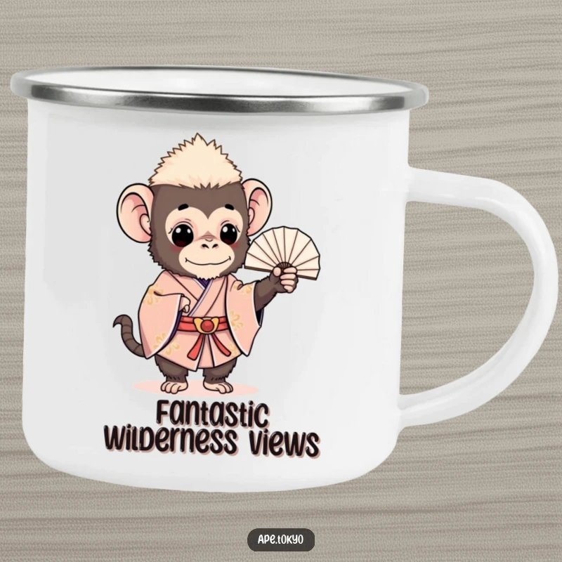 Funny ape in a ceremonial kimono holding a fan, perfect for a charming and humorous camping mug, great funny gift.