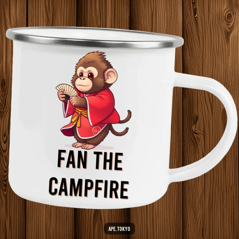 Funny round fluffy ape in red kimono doing fan dance, durable camping mug, outdoor humor.