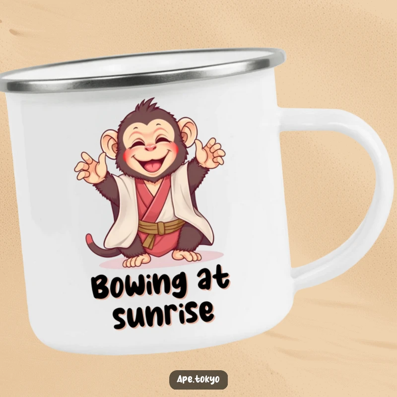 Funny ape in a silk kimono bowing playfully, perfect for a cheerful and humorous camping mug, great funny gift.