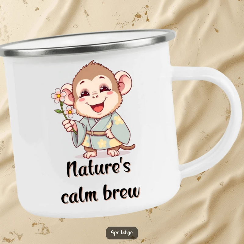 Funny Camping Mug: A happy ape in a kimono offers a single flower, perfect for enjoying drinks in the great outdoors.