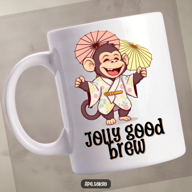 Funny jolly ape in festive kimono twirling a parasol joyfully on a mug, celebratory design.