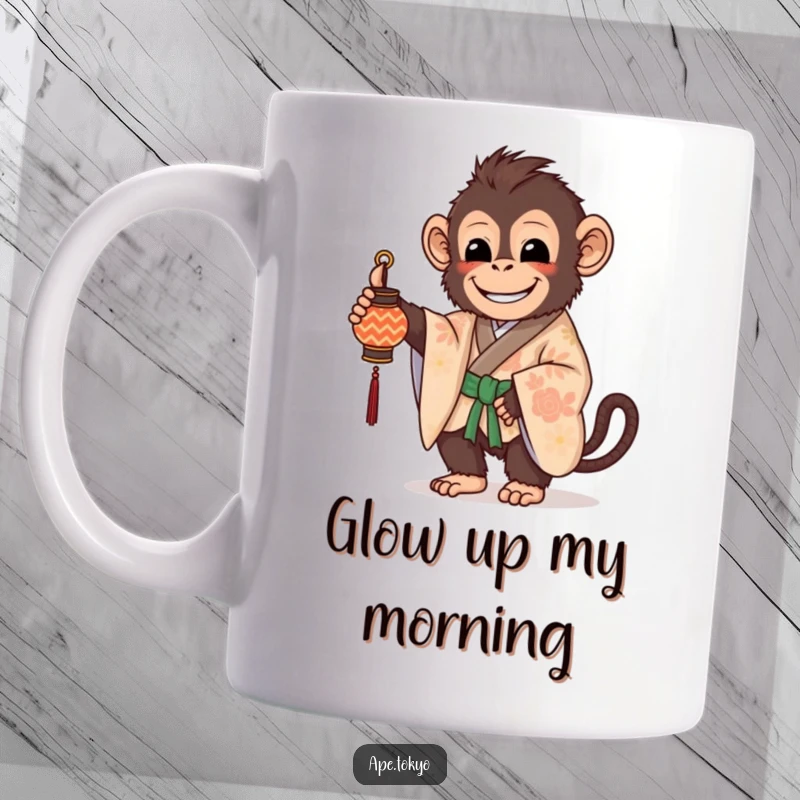 Funny Mug: A beaming ape in a beautifully patterned kimono gently holds a small, intricately decorated lantern.