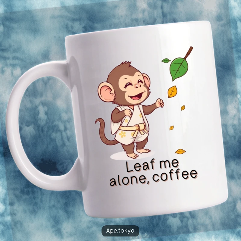 Funny Mug: A silly ape in a short, playful kimono lunges to catch a single, fluttering leaf.