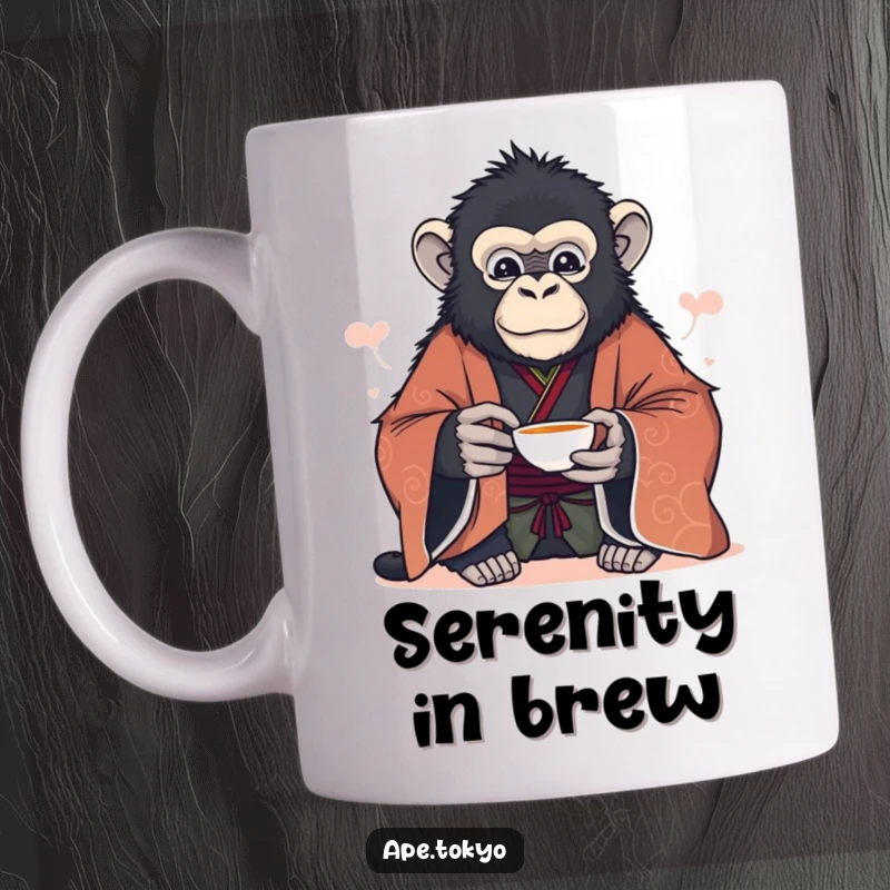 Funny majestic ape in formal kimono offering a tea cup serenely on a mug, elegant design.
