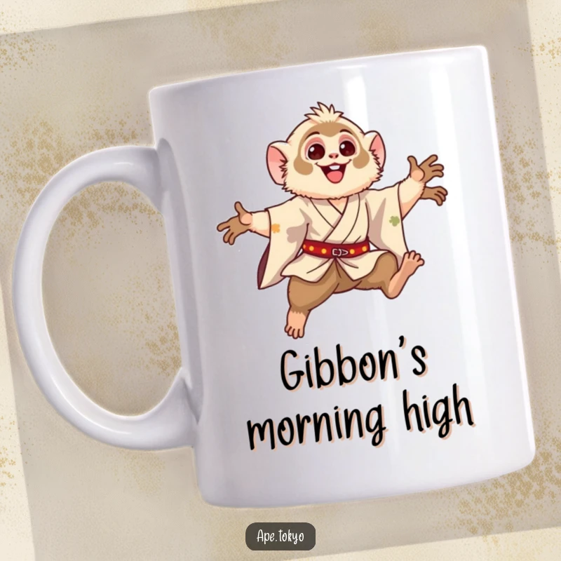 Funny Gibbon Leaping Motion Mug: A happy gibbon in a silk kimono, performing a graceful leaping motion, bringing airy humor to your coffee.