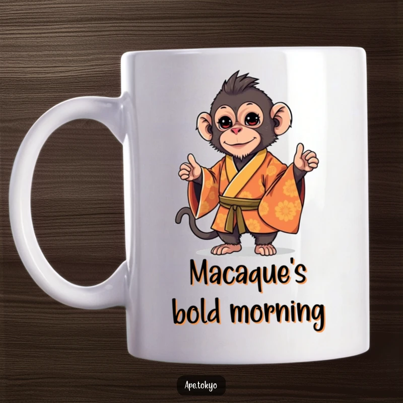 Funny Macaque Kimono Stance Mug: A playful macaque in an ornate kimono, striking a stylish, confident stance, bringing cool humor to your coffee.