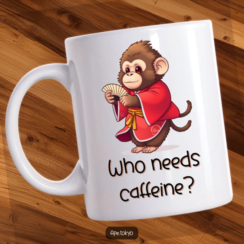 Funny round fluffy ape in red kimono doing a graceful fan dance on a mug, vibrant colors, joyful movement.