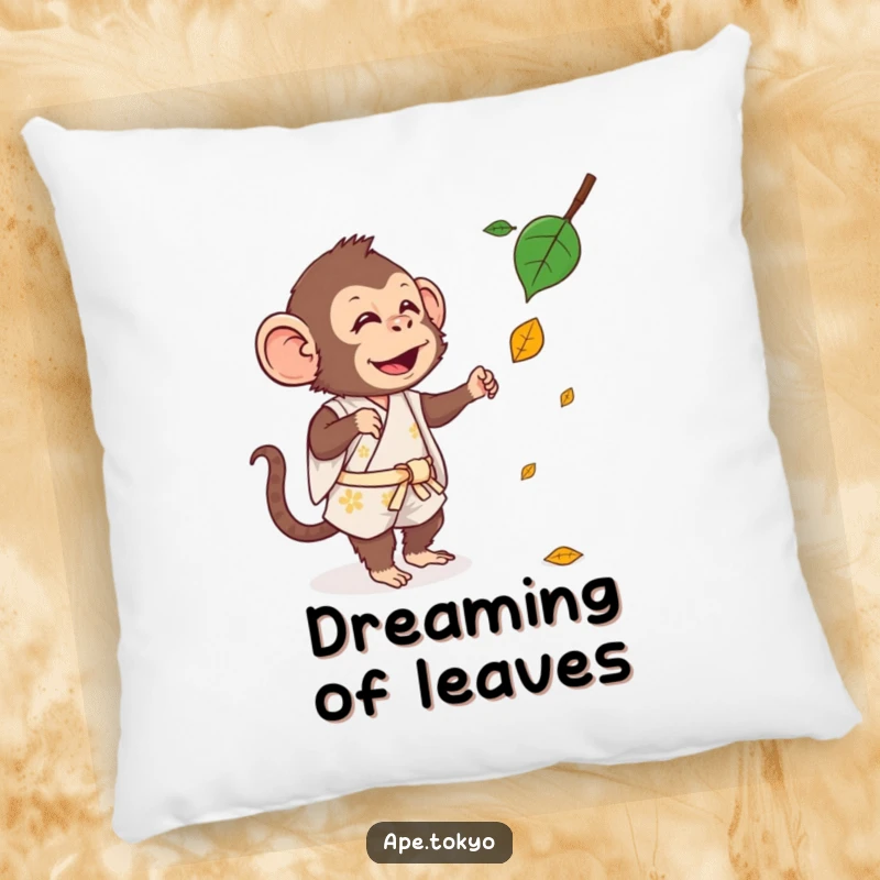 Funny Pillow: A silly ape in a short kimono is depicted mid-chase, trying to capture a single falling leaf.