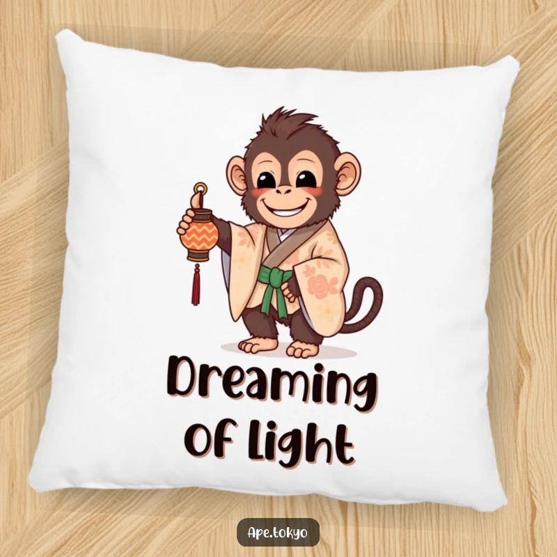 Funny Pillow: A beaming ape in a patterned kimono holds a small, decorated lantern, providing a soft, warm glow.