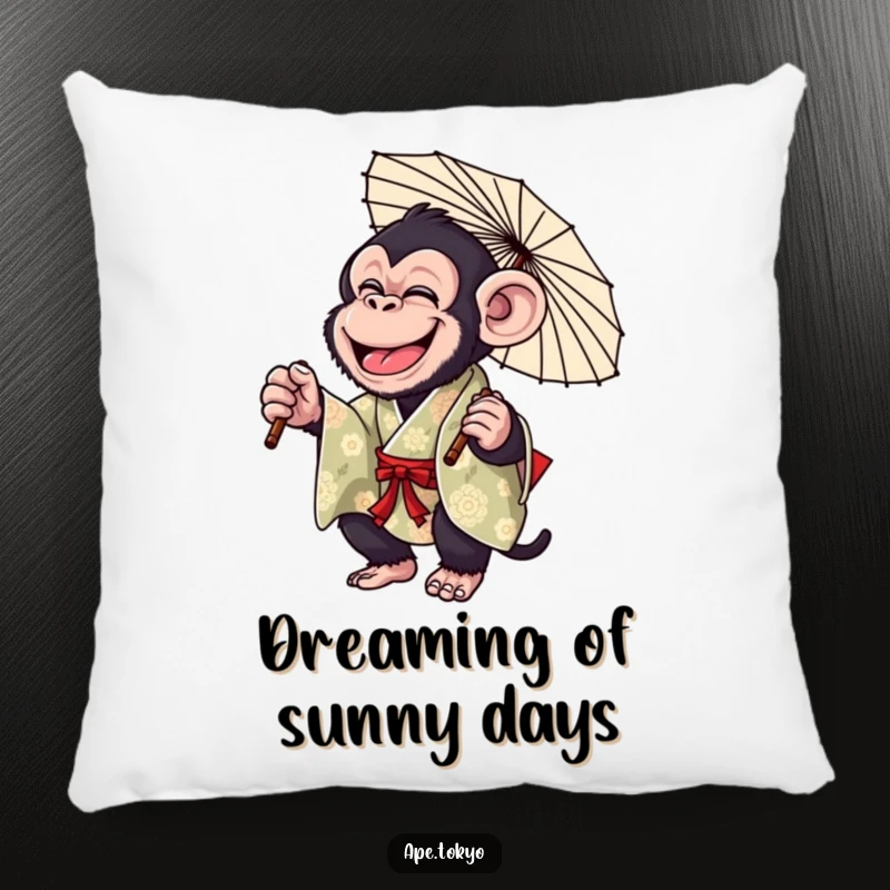 Funny Chimp Parasol Twirl Pillow: Giggling chimpanzee in a colorful kimono, playfully twirling a parasol, offering hilarious comfort and charm.
