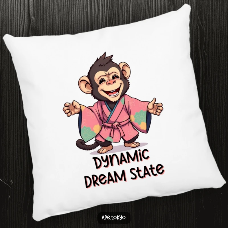 Funny Pillow: A joyful ape in a vibrant kimono strikes a dynamic, energetic pose, adding flair to your decor.