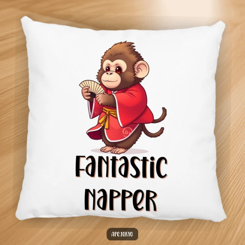 Funny fluffy ape in a red kimono gracefully dancing with a fan, soft pillow, cozy decor.