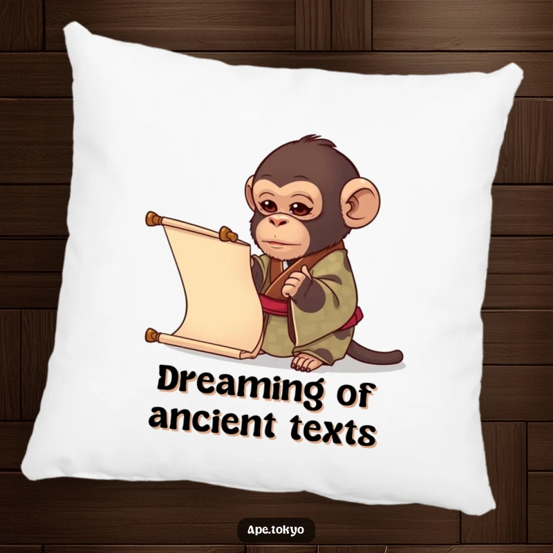 Funny ape in a patterned kimono examining a scroll, offering cozy comfort and intellectual humor, a wonderful funny gift.