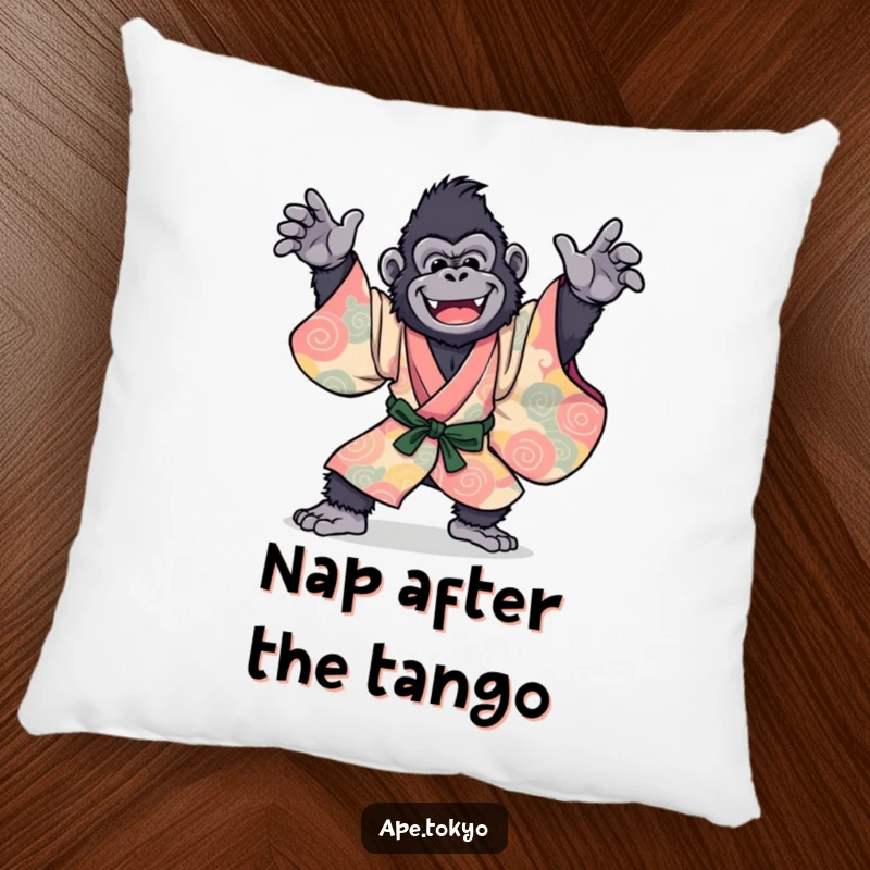 Funny Gorilla Kimono Dance Pillow: A joyful primate in a vibrant kimono, striking a dynamic dance pose, offering hilarious comfort and style.