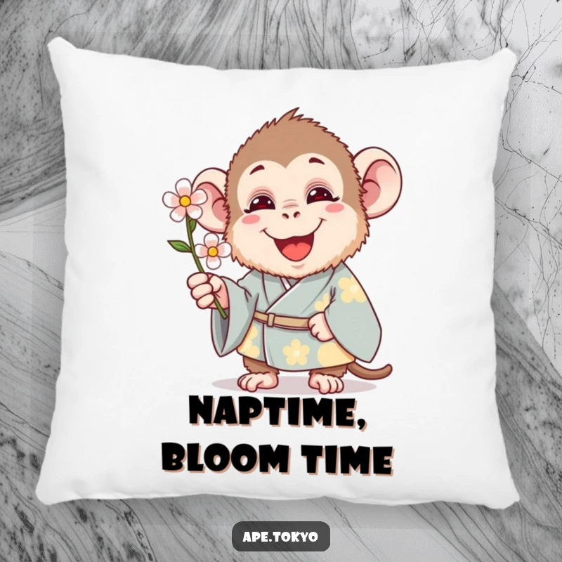 Funny Pillow: A content ape in a traditional kimono offers a single, delicate flower, bringing comfort and humor to your space.