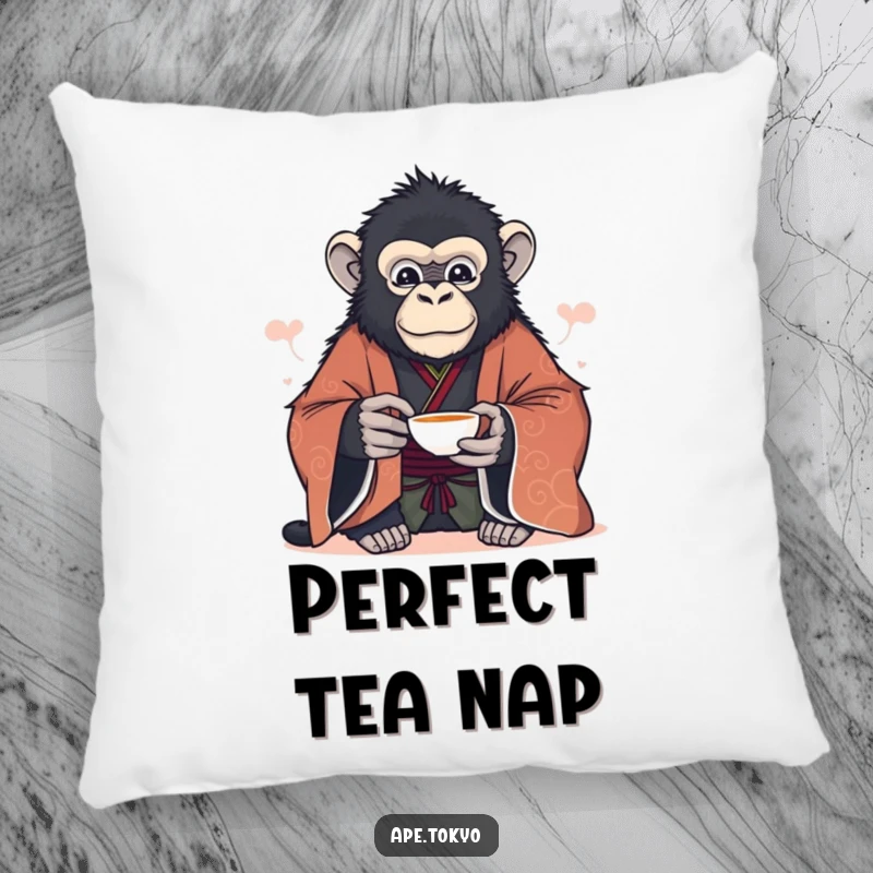 Funny majestic ape in formal kimono offering a delicate tea cup serenely, soft pillow, calm decor.