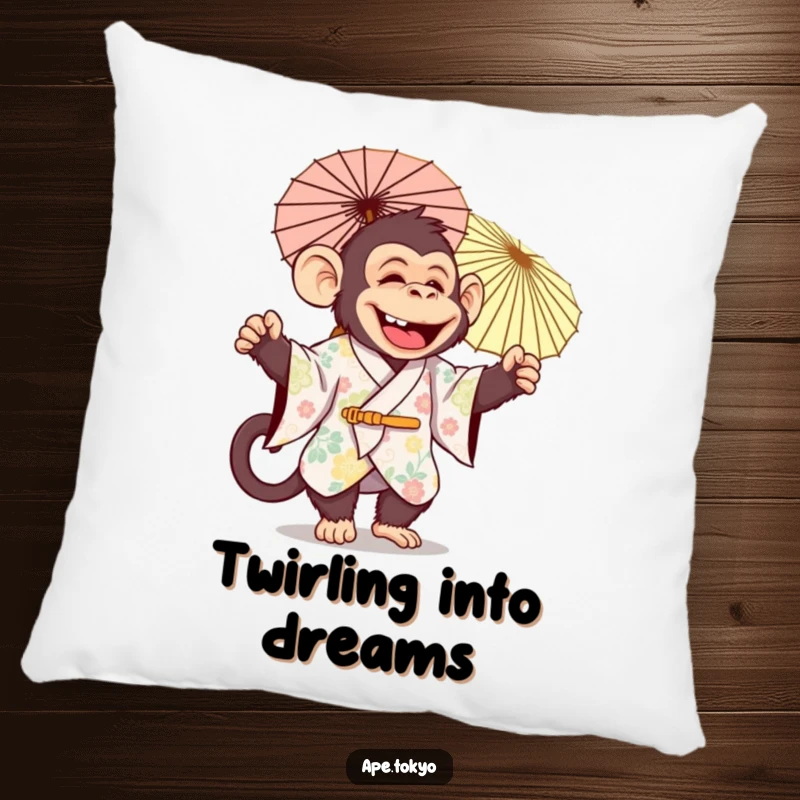 Funny jolly ape in festive kimono joyfully twirling a decorative parasol, soft pillow, festive decor.