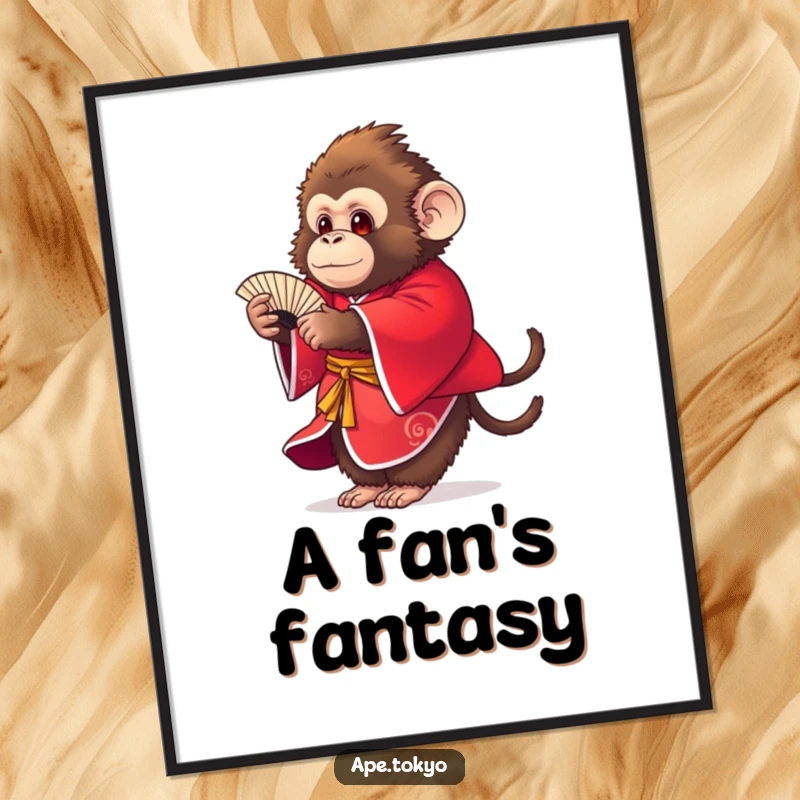 Funny round fluffy ape in red kimono doing a fan dance, digital art print, vibrant and lively.