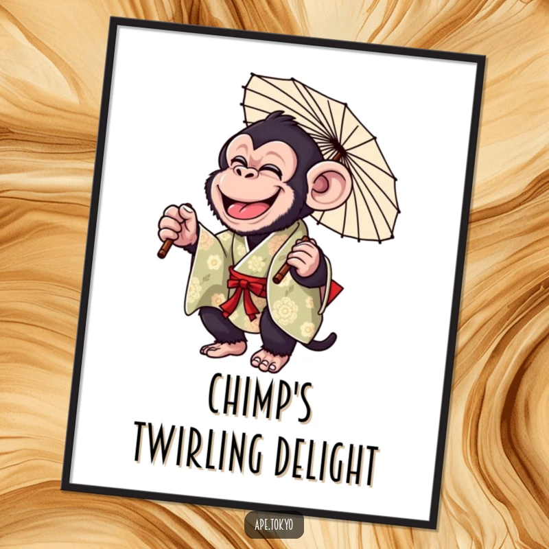 Funny Chimp Parasol Twirl Digital Art: Giggling chimpanzee in a colorful kimono, playfully twirling a parasol, ready for instant humorous display.
