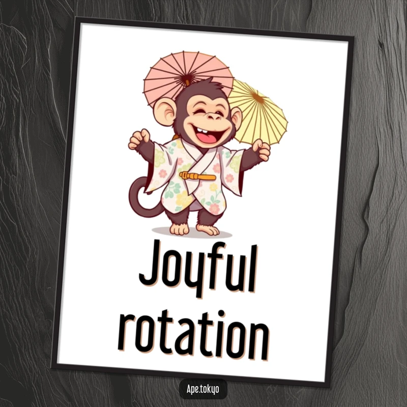 Funny jolly ape in festive kimono joyfully twirling a decorative parasol, digital art print, festive art.
