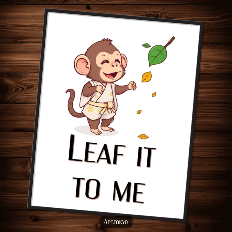 Funny Digital Art Print: A silly ape in a short kimono enthusiastically attempts to catch a falling leaf.