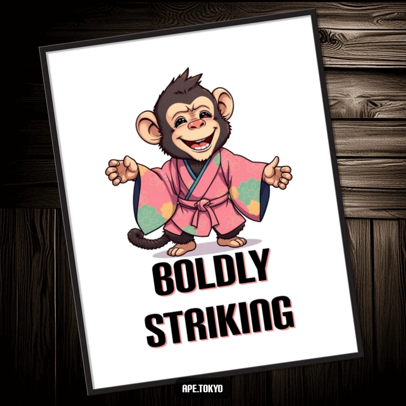 Funny Digital Art Print: A joyful ape in a vibrant kimono strikes a dynamic pose, radiating energy and fun.