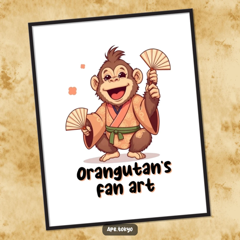 Funny Orangutan Juggling Fans Digital Art: Cheerful primate in a patterned kimono, playfully juggling fans, ready for instant humorous display.