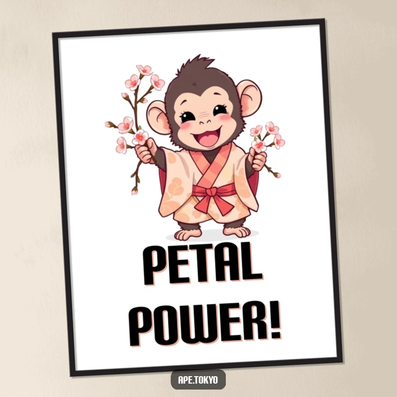 Funny ape in patterned kimono excitedly holding cherry blossom branch, digital art print, vibrant spring.