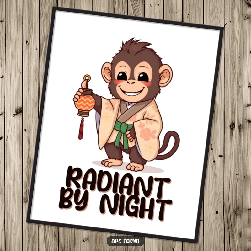 Funny Digital Art Print: A beaming ape in a patterned kimono holds a small, decorated lantern, radiating peace.