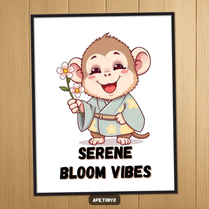 Funny Digital Art Print: A happy ape in a traditional kimono offers a single flower, conveying peace and humor.