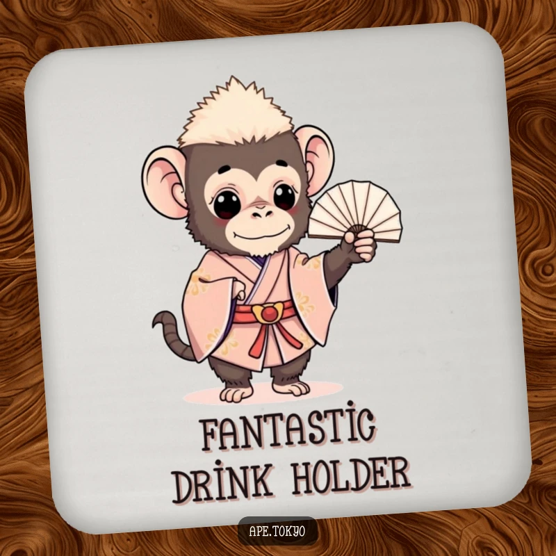 Funny ape in a ceremonial kimono with a fan, presented on a charming and humorous drink coaster, ideal funny gift.
