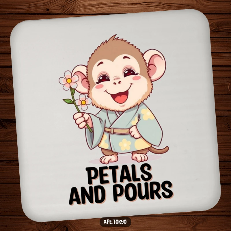 Funny Coaster: A happy ape in a traditional kimono offers a single flower, protecting your furniture with a smile.