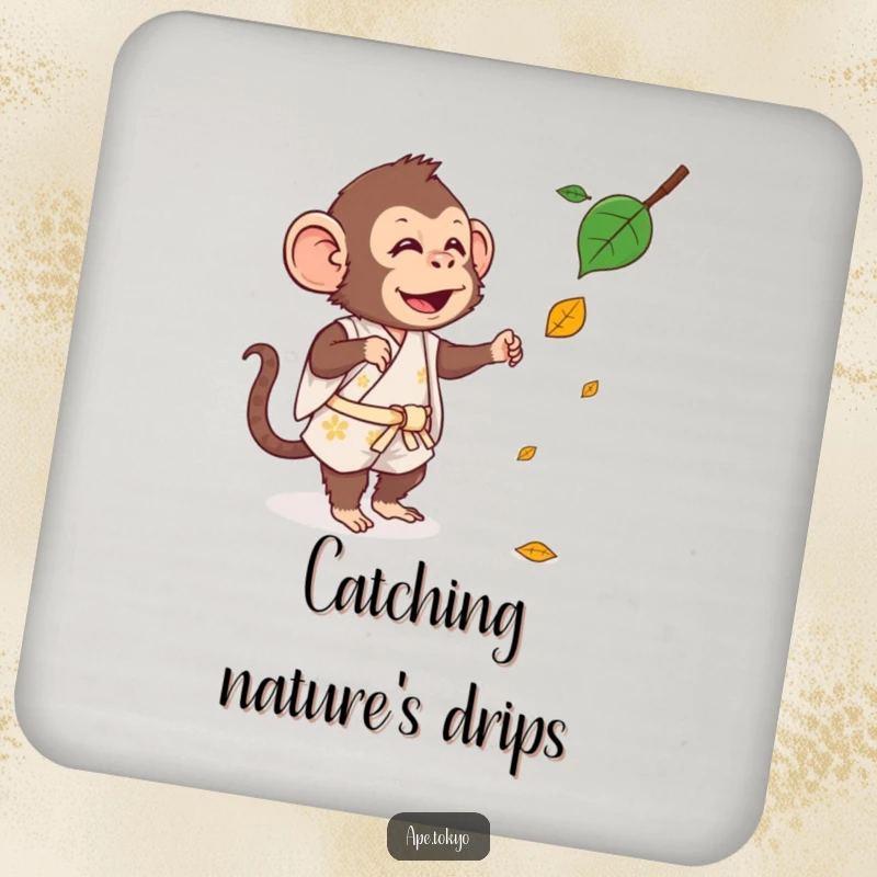 Funny Coaster: A silly ape in a short kimono is depicted trying to catch a single falling leaf.