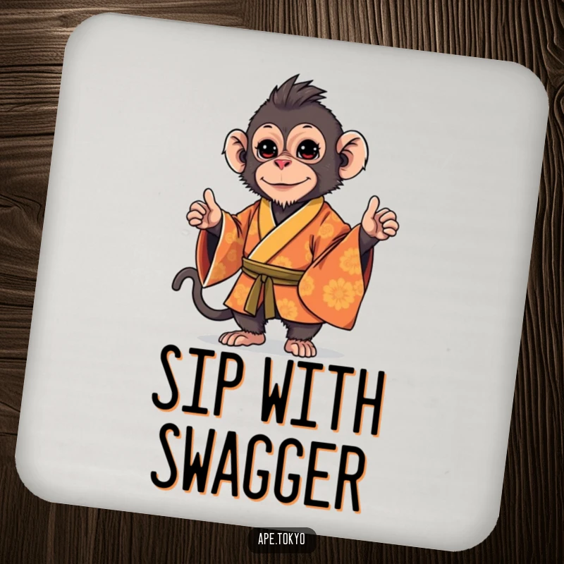Funny Macaque Kimono Stance Coasters: Playful macaque in an ornate kimono, striking a stylish, confident stance, for protecting surfaces with humor.