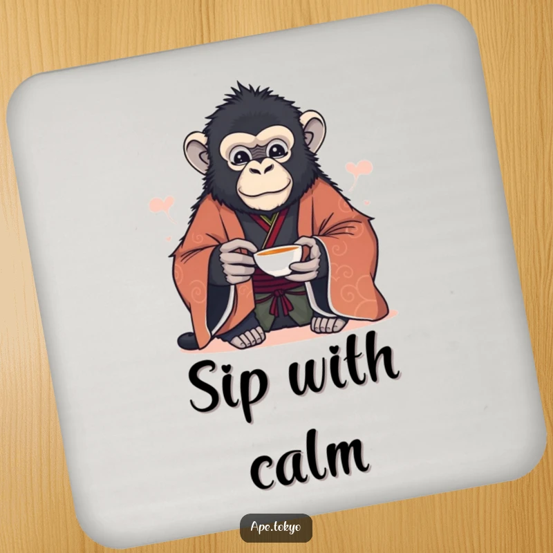 Funny majestic ape in formal kimono offering a delicate tea cup serenely, coasters, elegant decor.