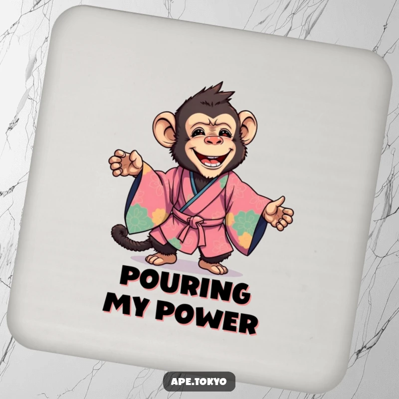 Funny Coaster: A joyful ape in a vibrant kimono strikes a dynamic pose, adding flair to your table.