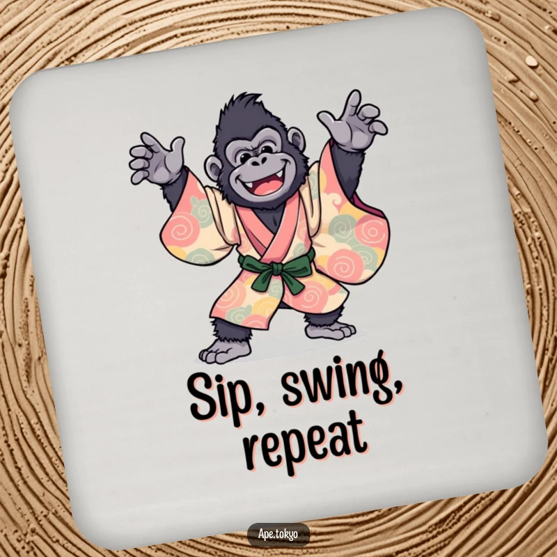 Funny Gorilla Kimono Dance Coasters: A joyful primate in a vibrant kimono, striking a dynamic dance pose, protecting surfaces with humor.