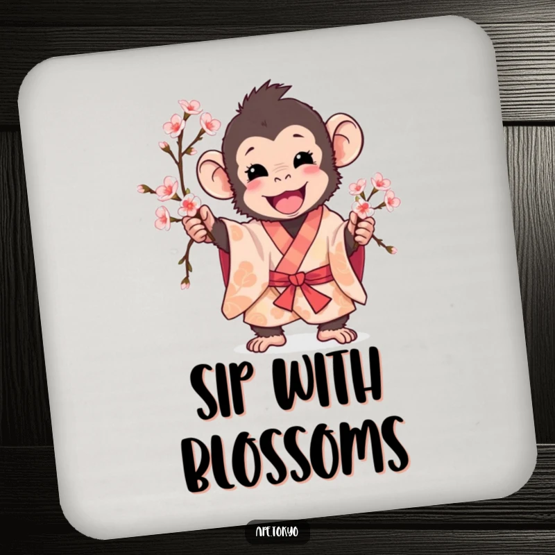 Funny ape in patterned kimono excitedly holding a cherry blossom branch, coasters, spring decor.
