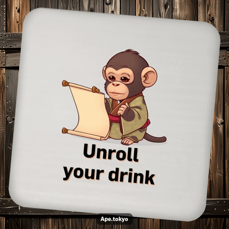 Funny ape in a patterned kimono examining a scroll, presented on a humorous and intellectual drink coaster, ideal funny gift.