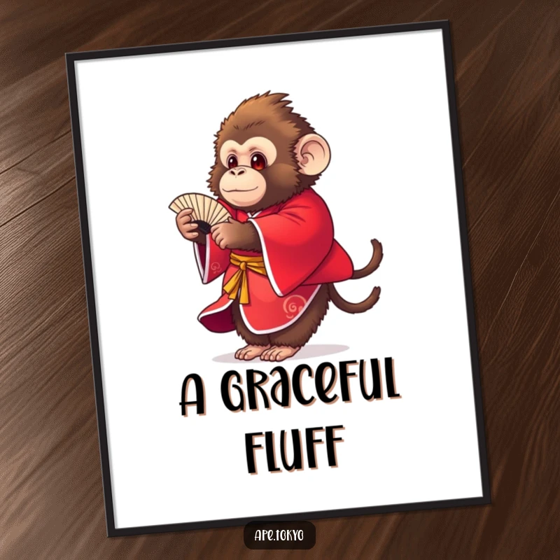 Funny round fluffy ape in red kimono doing a fan dance, vibrant poster art, elegant movement.