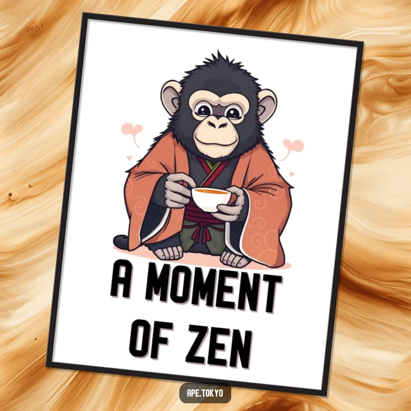 Funny majestic ape in formal kimono offering tea cup serenely, poster art, elegant decor.