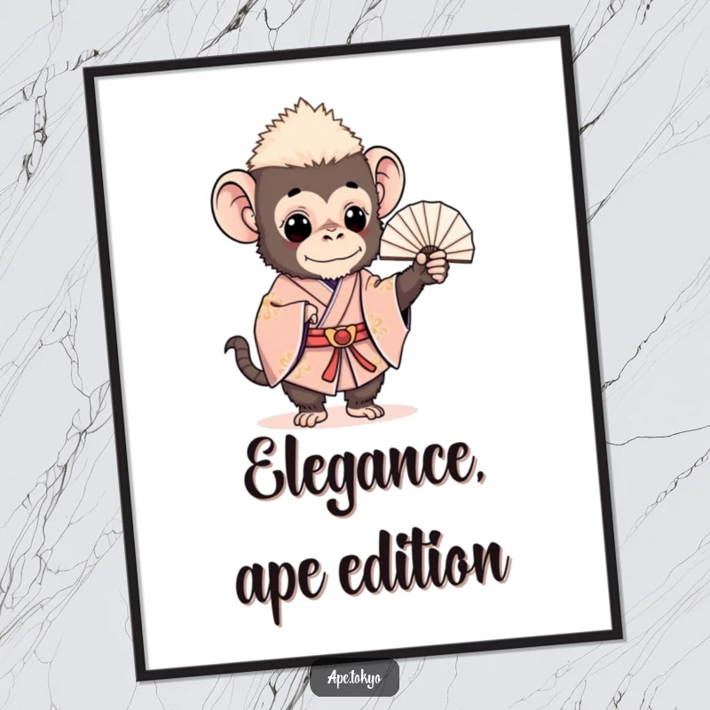 Funny, charming ape in a ceremonial kimono with a fan, creating an elegant and humorous visual for wall art, perfect funny gift.