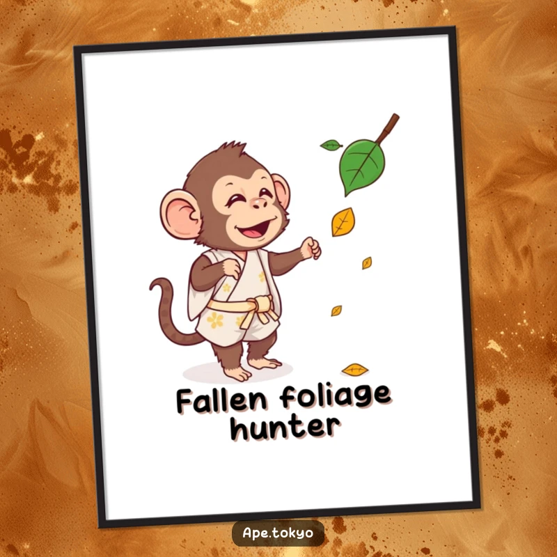 Funny Poster: A silly ape in a short kimono is captured in a dynamic pose trying to catch a falling leaf.