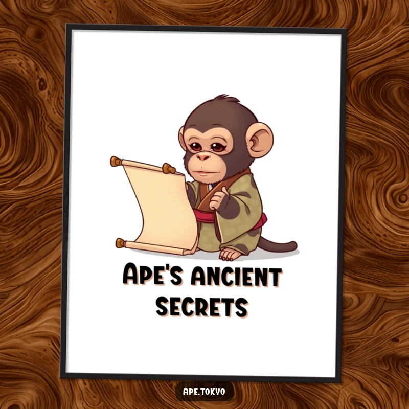 Funny ape in a patterned kimono examining a long scroll, creating intellectual and humorous wall art, a perfect funny gift.