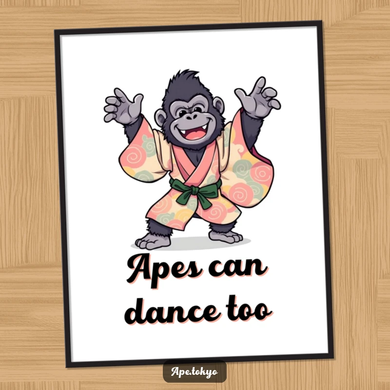Funny Gorilla Kimono Dance Poster: A joyful primate in a dynamic dance pose, wearing a vibrant, flowing kimono, creating hilarious wall art.