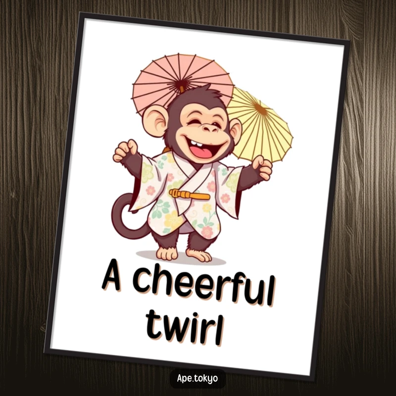Funny jolly ape in festive kimono twirling parasol joyfully, poster art, festive decor.