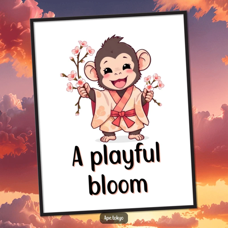 Funny ape in patterned kimono excitedly holding cherry blossom branch, poster art, spring theme.